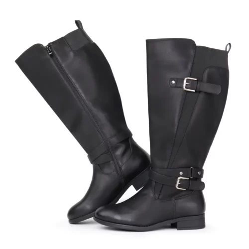 Bottes cavalières femme en cuir avec boucle – talon plat et zip latéral
