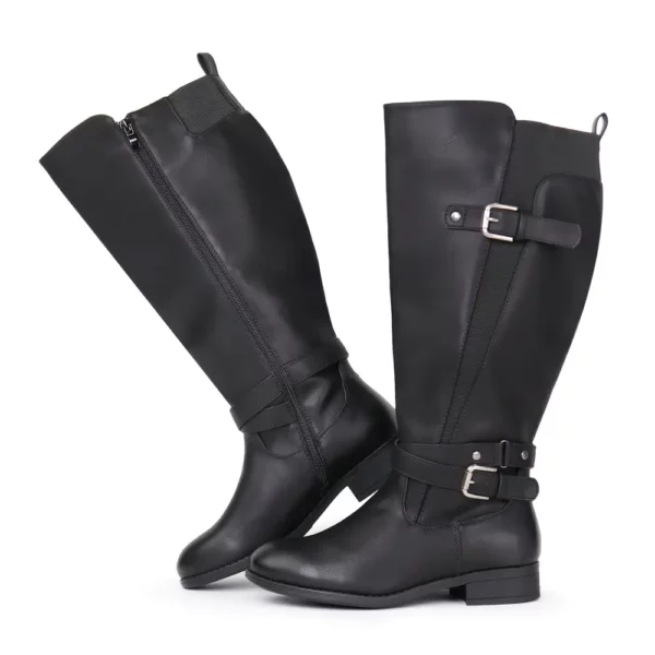 Bottes cavalières femme en cuir avec boucle – talon plat et zip latéral