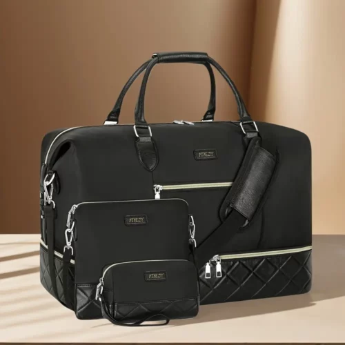 Sac week-end femme avec compartiment chaussures – motif vache – 3 pièces