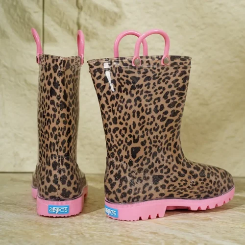 Bottes de pluie femme en caoutchouc imprimé léopard avec poignées contrastées