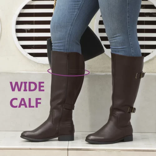 Bottes femme à tige large en simili cuir – bout rond, talon épais, style élégant