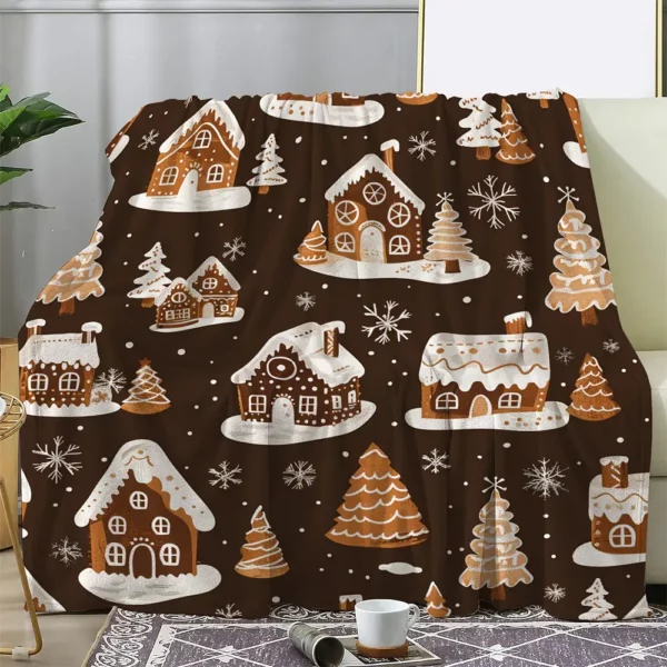 Couverture de Noël en flanelle douce – Motif maisons enneigées et sapins