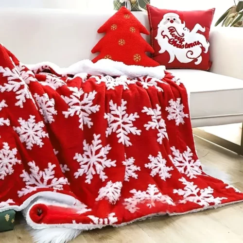 Plaid Noël double couche motif flocon – couverture douce lavable hiver cosy