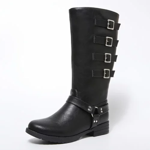 Bottes Chelsea femme à talon épais – bout rond, sangles boucle style punk