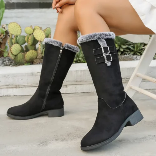 Bottes femme rétro à talon bas avec fausse fourrure et zip – style hivernal chic