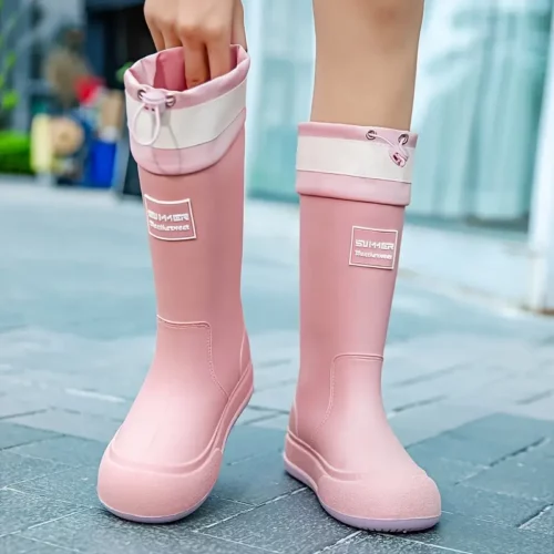Bottes de pluie femme en caoutchouc avec semelle épaisse et nœud décoratif
