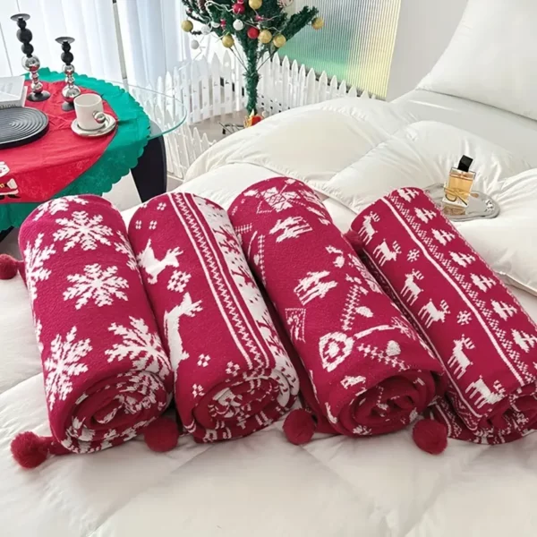 Plaid de Noël tricoté motif renne et flocon – déco chaleureuse festive