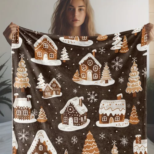 Couverture de Noël en flanelle douce – Motif maisons enneigées et sapins