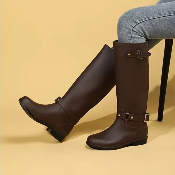 Bottes cavalières femme en cuir PU avec boucle et talon bas – confort moto