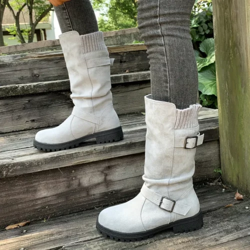 Bottes western femme à talon épais – design froncé été 2025, bout rond confort