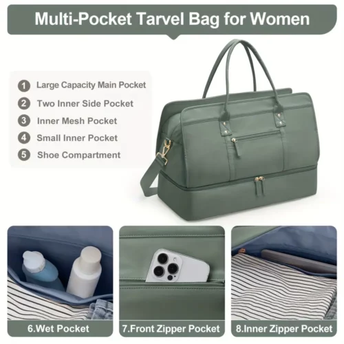 Sac week-end femme en nylon avec compartiments séparés – idéal sport et voyage