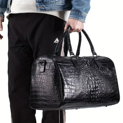 Sac week-end femme en cuir véritable motif crocodile – élégant et spacieux noir