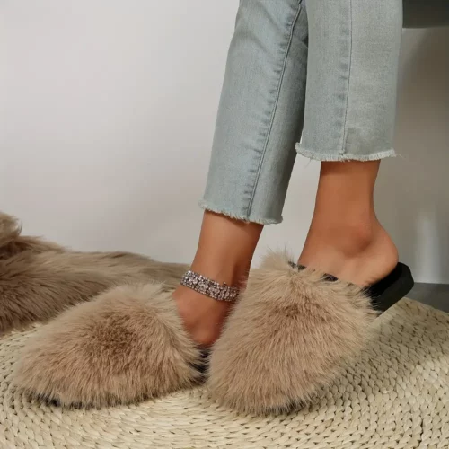 Chaussons en fourrure femme – mocassins douillets à talon rond antidérapants