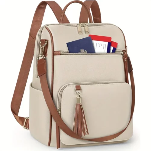 Sac à dos femme élégant en cuir synthétique avec compartiment ordinateur et pompon
