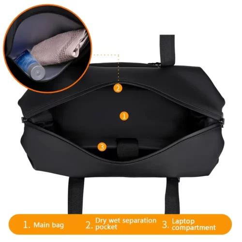 Sac week-end femme en nylon imperméable noir – bandoulière amovible renforcée