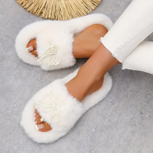 Chaussons femme en peluche douce avec semelle épaisse et nœud décoratif