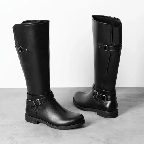 Bottes cavalières femme en cuir style western avec talon plat et boucle rétro