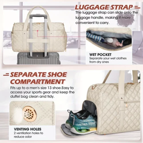 Sac de voyage femme matelassé avec compartiment chaussures et trousse assortie