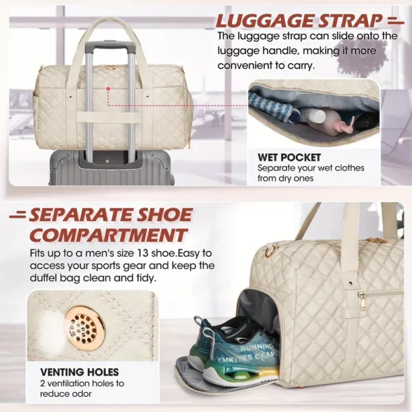 Sac de voyage femme matelassé avec compartiment chaussures et trousse assortie