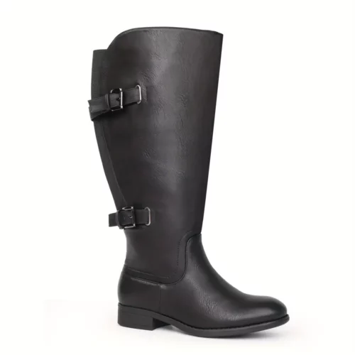 Bottes femme à tige large en simili cuir – bout rond, talon épais, style élégant