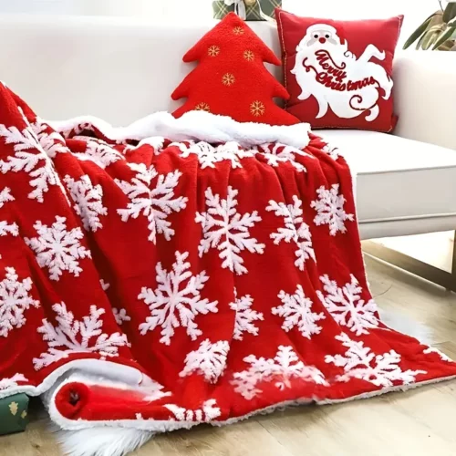 Plaid polaire de Noël rouge avec flocons – couverture douce et festive