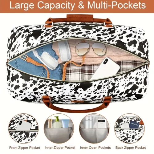 Sac week-end femme avec compartiment chaussures – motif vache – 3 pièces