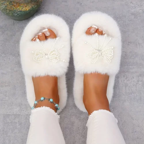 Chaussons femme en peluche douce avec semelle épaisse et nœud décoratif