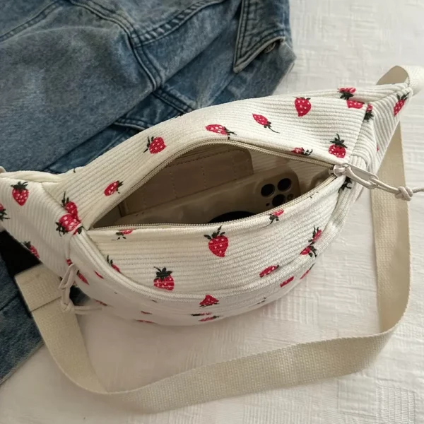 Sac banane femme en velours côtelé motif fraise – bandoulière tendance quotidienne