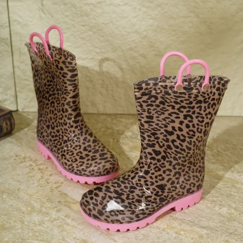 Bottes de pluie femme en caoutchouc imprimé léopard avec poignées contrastées