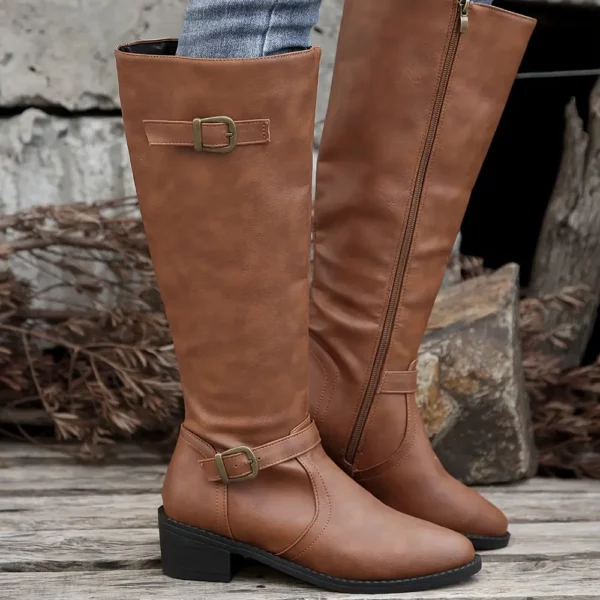 Bottes cavalières femme en cuir synthétique noir – style vintage élégant