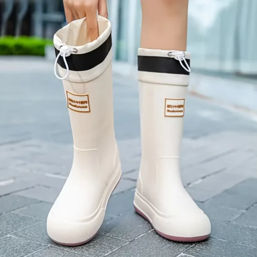 Bottes de pluie femme en caoutchouc avec semelle épaisse et nœud décoratif