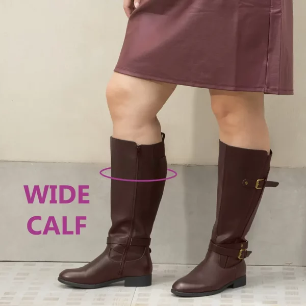 Bottes cavalières femme en cuir avec boucle – talon plat et zip latéral