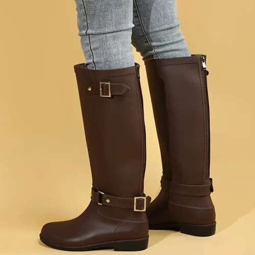 Bottes cavalières femme en cuir PU avec boucle et talon bas – confort moto