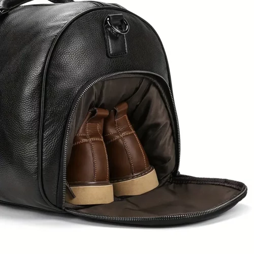 Sac de voyage en cuir véritable avec compartiment chaussures – noir imperméable