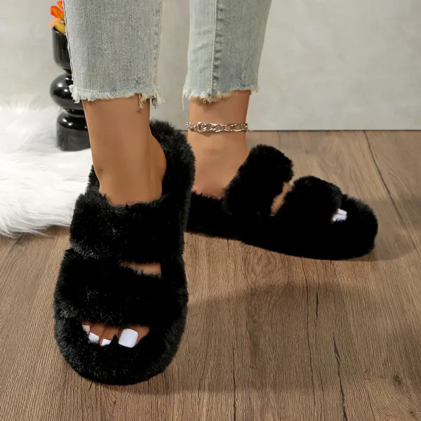 Chaussons femme en fausse fourrure avec bride croisée et semelle épaisse antidérapante