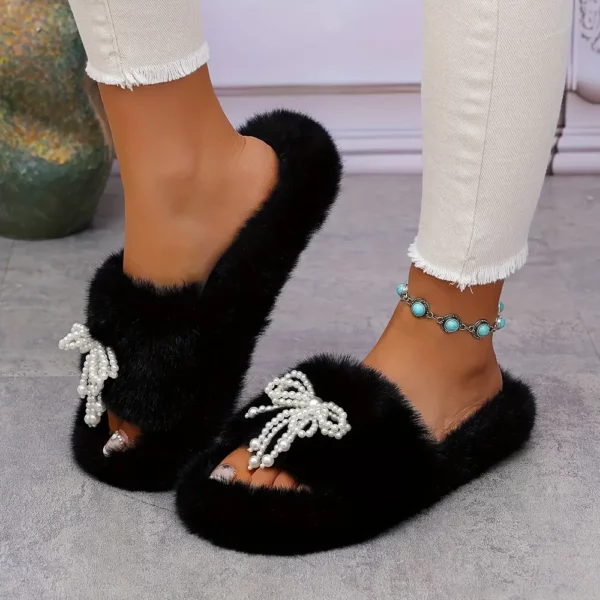 Chaussons femme en peluche douce avec semelle épaisse et nœud décoratif