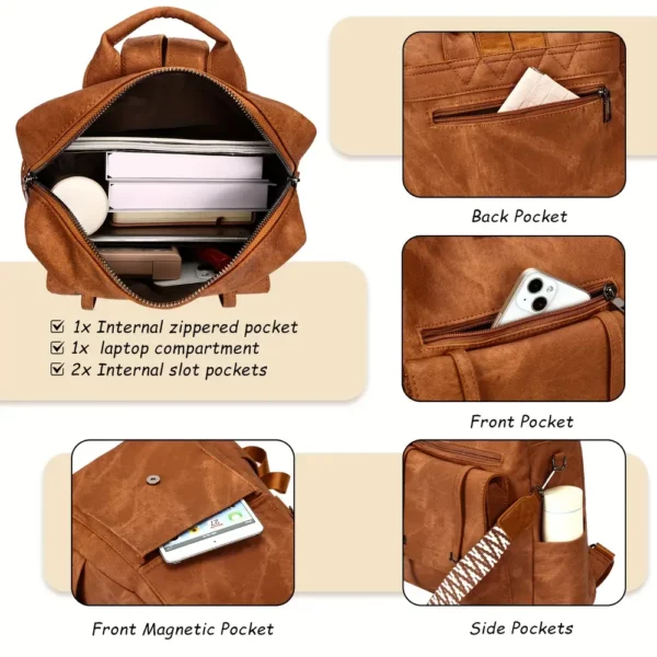 Sac à dos femme urbain léger en simili cuir marron – style élégant et anti-vol