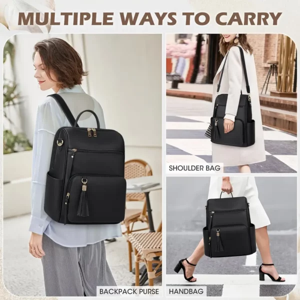 Sac à dos femme élégant en cuir synthétique avec compartiment ordinateur et pompon