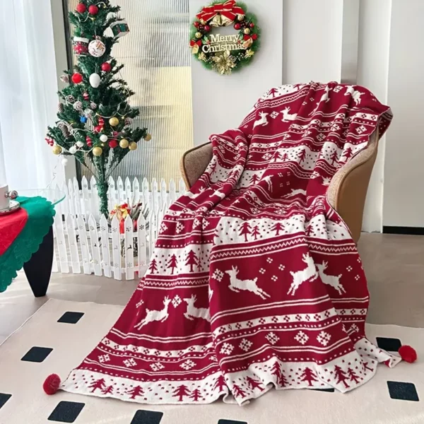 Plaid de Noël tricoté motif renne et flocon – déco chaleureuse festive