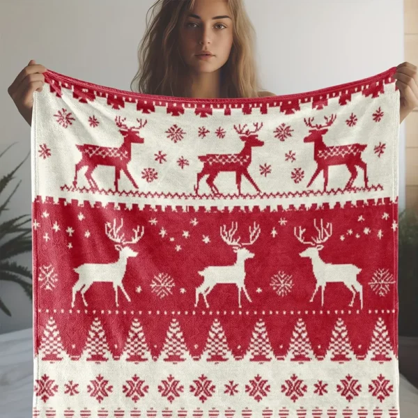 Plaid de Noël en flanelle douce à motif renne rouge et blanc – ambiance festive
