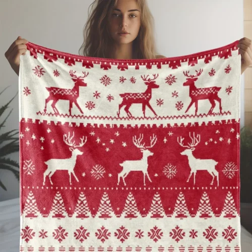 Plaid de Noël en flanelle douce à motif rennes rouges et blancs – ambiance festive