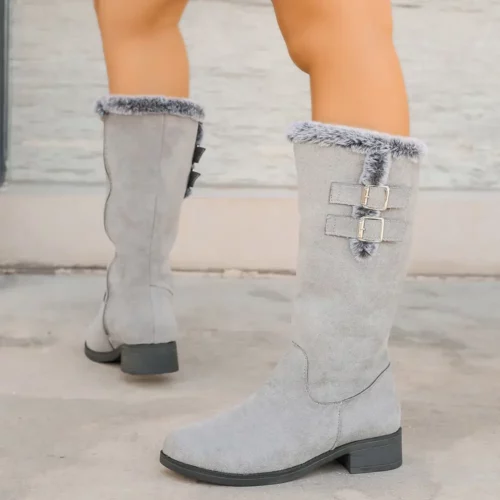 Bottes femme rétro à talon bas avec fausse fourrure et zip – style hivernal chic