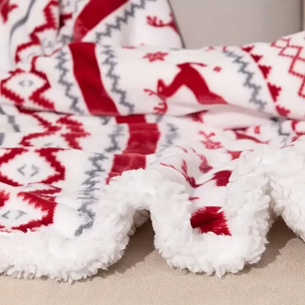 Plaid de Noël en flanelle douce – motif flocons et rennes style français