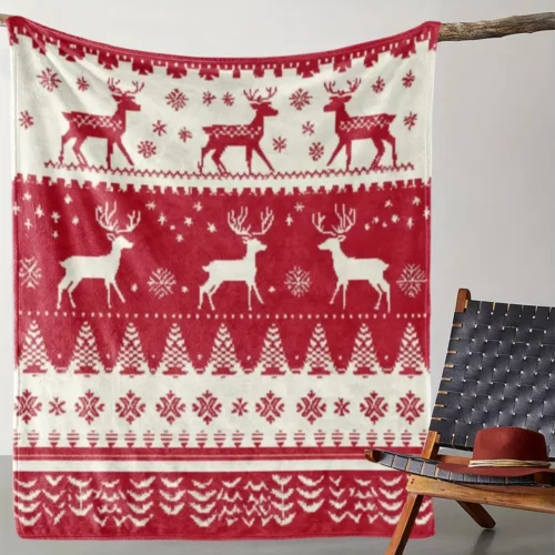 Plaid de Noël en flanelle douce à motif renne rouge et blanc – ambiance festive