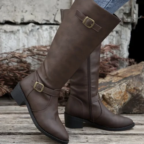 Bottes cavalières femme en cuir synthétique noir – style vintage élégant