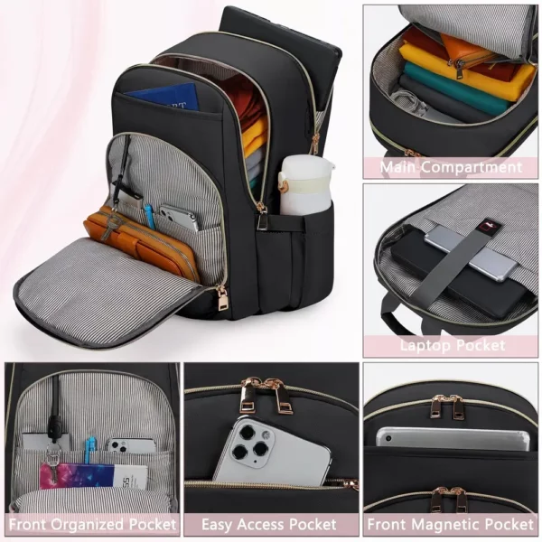 Sac à dos ordinateur femme élégant – compartiments multiples, style chic noir