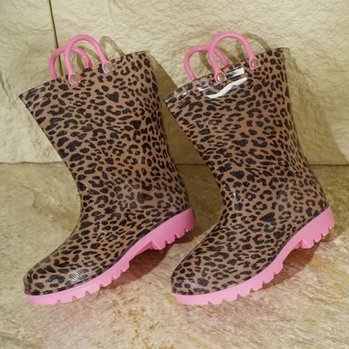 Bottes de pluie femme en caoutchouc imprimé léopard avec poignées contrastées
