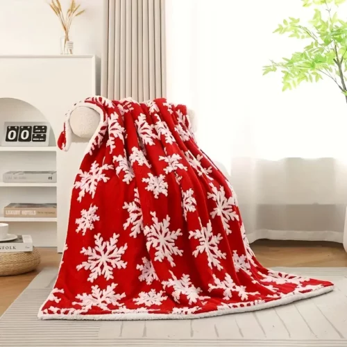Plaid polaire de Noël rouge avec flocons – couverture douce et festive