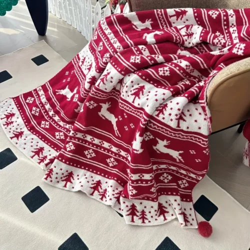 Plaid de Noël tricoté motif renne et flocon – déco chaleureuse festive