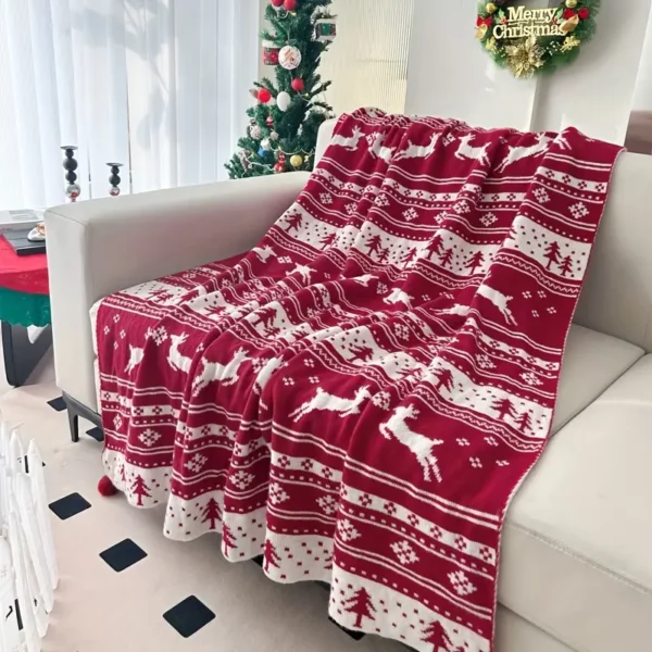Plaid de Noël tricoté motif renne et flocon – déco chaleureuse festive